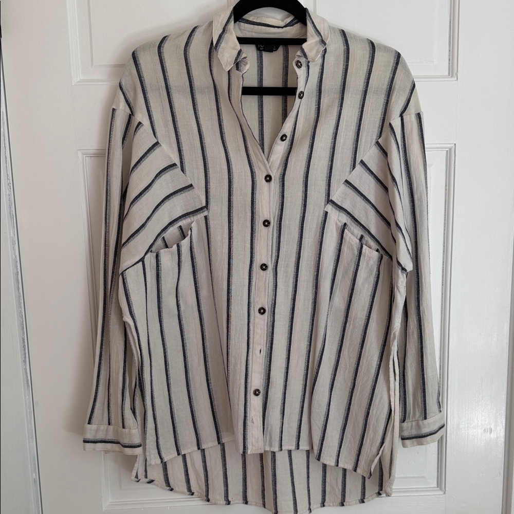 TOPSHOP Striped Button-Up Tunic Shirt in Cream and Navy